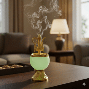 Modern Bakhoor Burner with Golden Al-Sajadah Design - Green Stone Incense Holder for Aromatherapy, Meditation & Home Decor, Perfume Essential Oils".