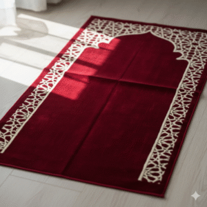 Premium  Islamic Prayer Mat | Luxurious Red Muslim Prayer Rug with Gold Geometric Arch Design | Janamaz, Sajadah, Namaz Mat for Men and Women