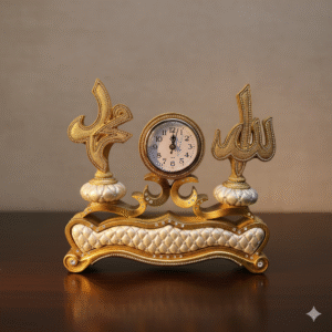 Arabic Islamic Desk Clock Ornament with Allah & Muhammad(PBUH)  Calligraphy | Gold and White Rhinestone Home Decor Gift