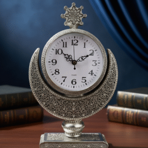 Ornate Silver Filigree Desk Clock | Vintage-Style Metal Tabletop Timepiece with Crystal Accents for Mantle & Home Decor