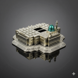 Gold Tone Al-Masjid an-Nabawi Statue with Green Dome & Rhinestones | Intricate Islamic Tabletop Ornament | Spiritual Muslim Home Decor