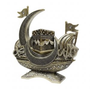 Islamic Kaaba Ship Ornament with Crescent Moon & Crystals | Gold & Silver Finish | Muslim Home Decor Showpiece | Eid, Ramadan, Hajj Gift | Arabic Calligraphy Figurine