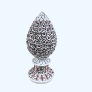 Islamic Pine Cone Ornament with 99 Names of Allah – Silver & Red Arabic Calligraphy Decor – Muslim Home & Office Decoration Gift