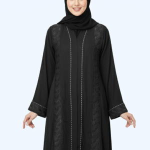 Luxury Black Abaya with Intricate Embroidery and Open Front Design