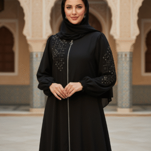 Elegant Black Abaya for Women with Embellished Sleeves and Zipper | Modest Islamic Dress | Occasion Wear