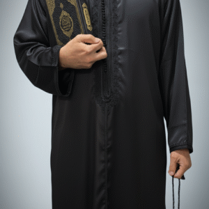 Islamic Men's Black Thobe Jalabiya - Moroccan Kaftan Long Sleeve Prayer Robe Muslim Clothing for Eid and Daily Wear