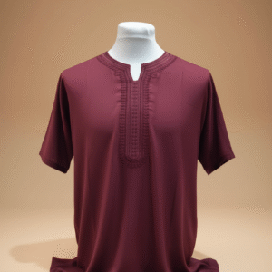 Kids' Maroon Thobe with Detailed Embroidery | Short Sleeve Moroccan Kaftan