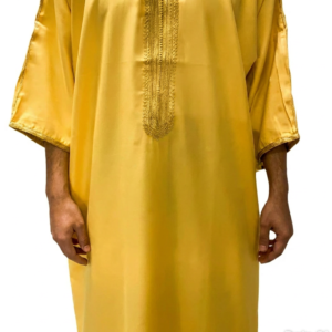 Gold Men's Islamic Thobe Kaftan - Moroccan Style Jalabiya Long Sleeve Prayer Dress Abaya Robe for Muslim Men
