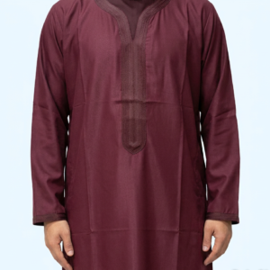 Men's Maroon/Burgandy Moroccan Thobe Kaftan - Islamic Jalabiya Prayer Robe with Embroidery Long Sleeve Muslim Dress