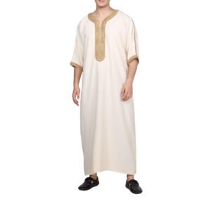 Premium Embroidered Muslim Thobe for Men - Cream Short Sleeve Arabic Kaftan Dishdasha Prayer Garment