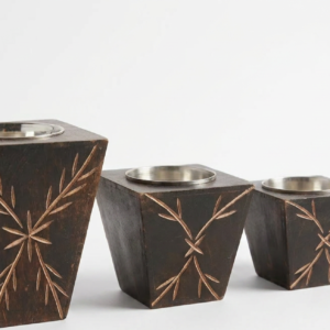 "Set of 3 Hand-Carved Wooden Tea Light Burners - Rustic Dark Wood Aromatherapy Candle Holders with Stainless Steel Cup