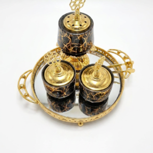Luxury 3-Piece Black & Gold Crackle Incense Burner Set with Mirror Tray - Bakhoor & Oud Holder, Ornate Islamic Home Decor